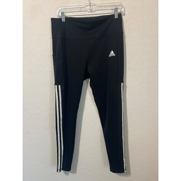 Adidas Sz L Black White Triple Stripe Leggings Aeroready - Picture 1 of 8